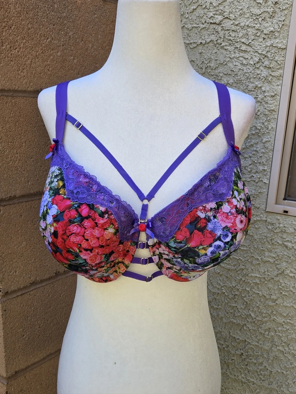 Cacique Purple Floral Lace Underwire Bra Boost Balconette